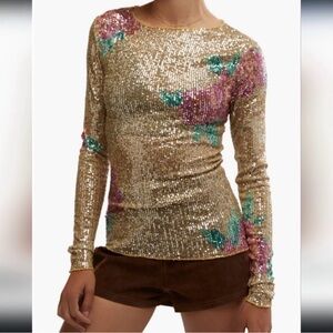 Free People Elegant Gold Sequin Floral Long Sleeve Top